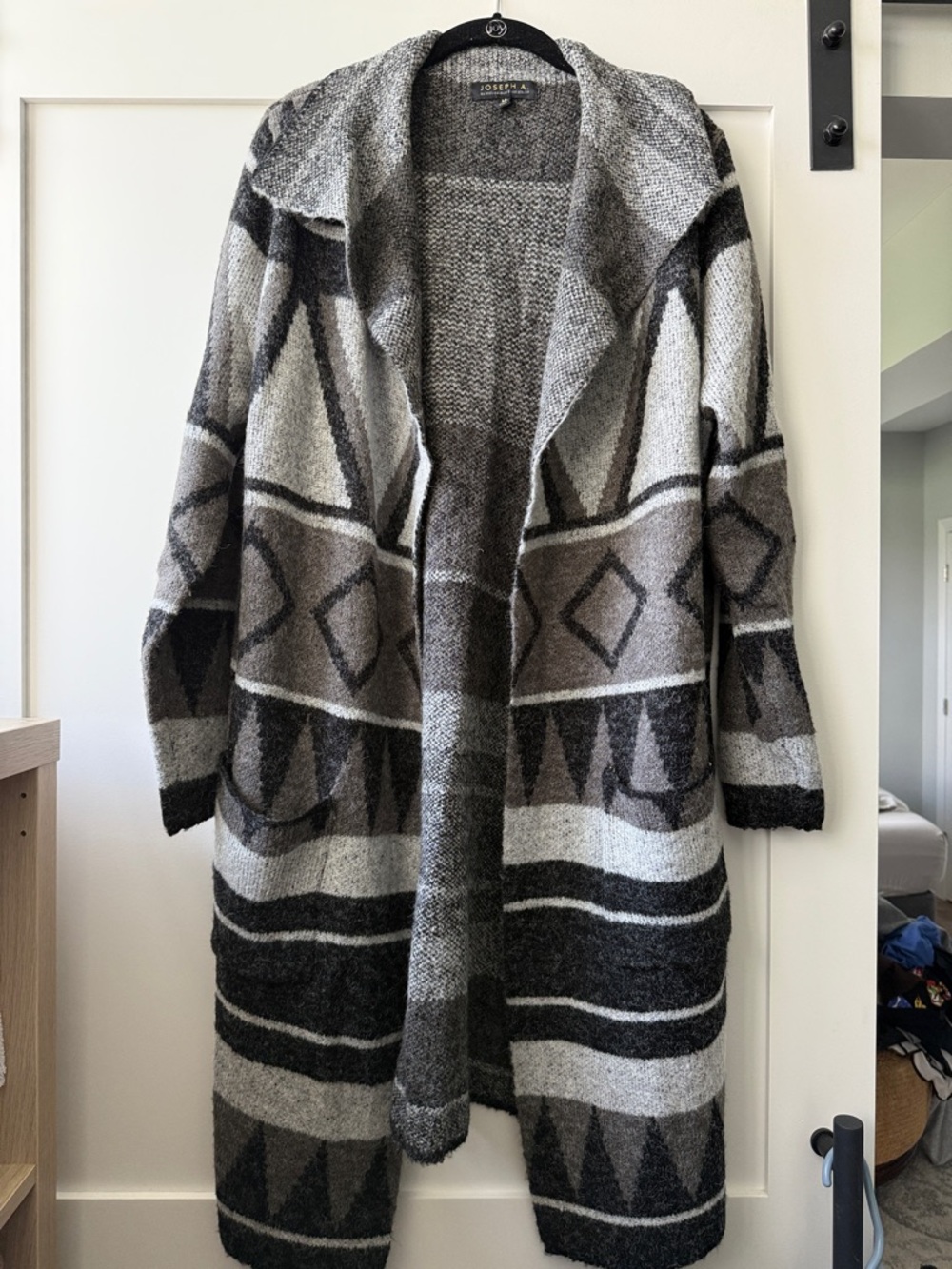 Joseph Gray and Black Geometric Open-Front Cardigan, long length